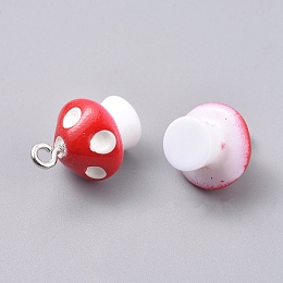 Autumn Theme Plastic Pendants, with Platinum Plated Iron Loop, Mushroom, Red, 17.5x11.5x12mm, Hole: 1.5mm