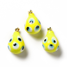 Handmade Evil Eye Lampwork Pendants, with Rack Plating Brass Findings, Long-Lasting Plated, Teardop, Yellow, 22.5~24x15~16mm, Hole: 3.5X4.5mm