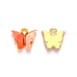 Honeyhandy Alloy Pendants, with Resin and Glitter Powder, Cadmium Free & Lead Free, Butterfly, Golden, Tomato, 13x13~15x3.5mm, Hole: 2mm