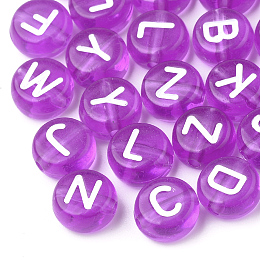 Honeyhandy Transparent Acrylic Beads, Horizontal Hole, Mixed Letters, Flat Round, Dark Orchid, 7x4mm, Hole: 1.5mm, about 3700pcs/500g