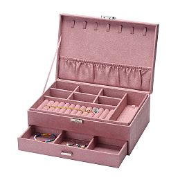 Honeyhandy Velvet & Wood Jewelry Boxes, Portable Jewelry Storage Case, with Alloy Lock, for Ring Earrings Necklace, Rectangle, Flamingo, 27.3x19.5x10.3cm