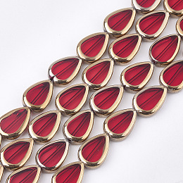 Honeyhandy Electroplate Glass Beads Strands, Edge Plated, Teardrop, Red, 16.5x11.5x5mm, Hole: 1mm, about 20pcs/strand, 12.9 inch