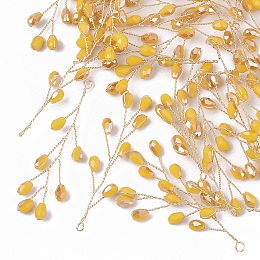 Honeyhandy Glass Seed Beads Wire Wrapped Big Pendants, with Golden Plated Brass Wires, Gold, 51~55x11~14x3mm, Hole: 2mm