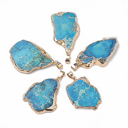 Honeyhandy Natural Regalite/Imperial Jasper/Sea Sediment Jasper Pendants, with Golden Tone Iron Brass Findings, Dyed, Nuggets, Deep Sky Blue, 35~50x20~40x5~6mm, Hole: 4x6mm