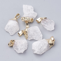 Honeyhandy Natural Quartz Crystal Pendants, with Golden Tone Iron Brass Findings, Nuggets, Clear, 20~30x10~18x8~18mm, Hole: 3~4x7mm