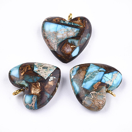 Honeyhandy Assembled Bronzite and Imperial Jasper Pendants, with Iron Findings, Heart, Golden, 20~22x19~20x5~7mm, Hole: 2mm