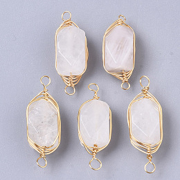 Honeyhandy Natural Quartz Crystal Links connectors, Brass Wire Wrapped Links, Faceted, Column, Golden, 22.5~32x9~12x8~9mm, Hole: 1.2mm