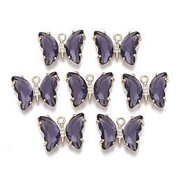 Honeyhandy Glass Pendants, with Micro Pave Cubic Zirconia and Brass Open Back Settings, Faceted, Butterfly, Light Gold, Indigo, 15.5x20x4mm, Hole: 1.8mm