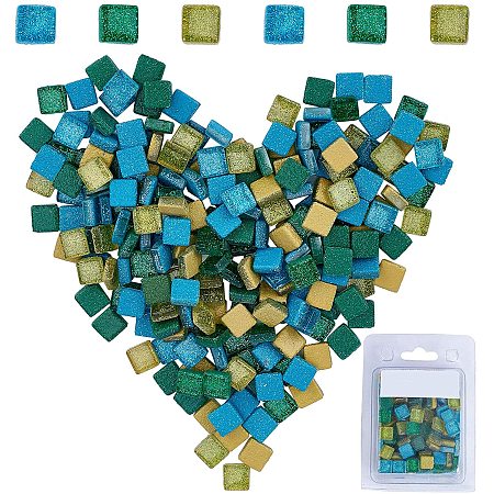 GORGECRAFT 220 Pieces Mosaic Tiles Glass Glitter Mosaic Square Shape Stained Glass Pieces for DIY Crafts Kitchen Shower (Blue-Green Mix, 10 X 10mm)
