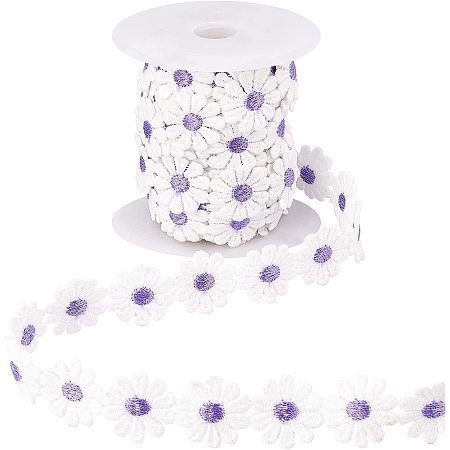 NBEADS 1 Roll 7 Yards Lace Daisy Flower Edging Trim Ribbon, 25mm Wide Polyester Flower Ribbon Appliques with Plastic Spool Sewing Embroidery Crafts for Wedding Dress Clothes Decoration, Medium Purple