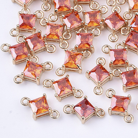 Honeyhandy Transparent Glass Links connectors, with Brass Findings, Faceted, Rhombus, Light Gold, Tomato, 11x7x4mm, Hole: 1mm, Side Length: 5mm