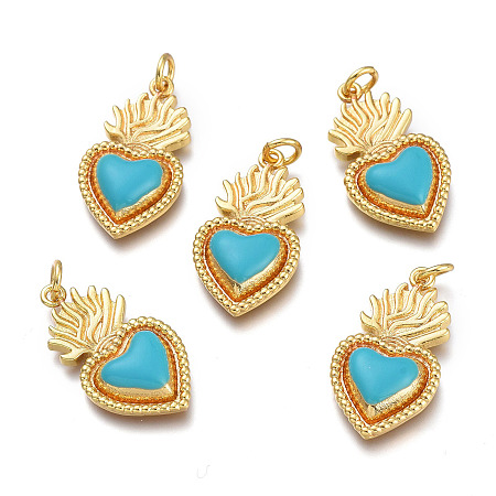 ARRICRAFT Brass Pendants, with Enamel and Jump Rings, Heart, Real 18K Gold Plated, Deep Sky Blue, 24x13x4mm, Hole: 3mm