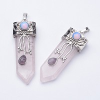 Honeyhandy Natural Rose Quartz Big Pointed Pendants, with Brass Finding, 57~61x15~20x10~14mm, Hole: 4x7mm