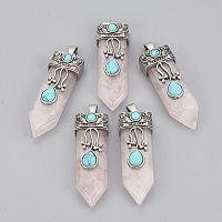 Honeyhandy Natural Rose Quartz Pendants, with Alloy Findings, Sword, Antique Silver, 49~55x16x10~11mm, Hole: 6.5x3mm