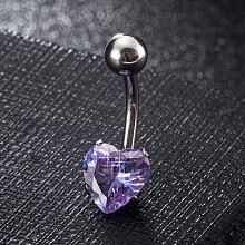 Honeyhandy Piercing Jewelry, Brass Cubic Zirconia Navel Ring, Belly Rings, with 304 Stainless Steel Bar, Lead Free & Cadmium Free, Heart, Platinum, Medium Purple, 20x8mm, Bar: 15 Gauge(1.5mm), Bar Length: 3/8"(10mm)