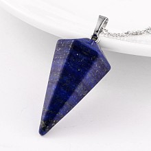 Honeyhandy Cone Pendulum Platinum Tone Brass Lapis Lazuli Pendants, 39~41x18~19mm, Hole: 5x8mm