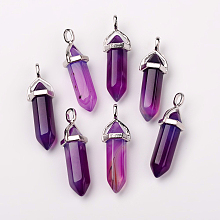 Honeyhandy Natural Agate Double Terminated Pointed Pendants, with Random Alloy Pendant Hexagon Bead Cap Bails, Bullet, Platinum, 37~40x12mm, Hole: 3mm