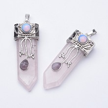 Honeyhandy Natural Rose Quartz Big Pointed Pendants, with Brass Finding, 57~61x15~20x10~14mm, Hole: 4x7mm