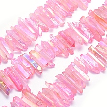 Honeyhandy Electroplated Natural Quartz Crystal Beads Strands, Dyed, Nuggets, Rainbow Plated, Pink, 20~39x5~12mm, Hole: 1~1.5mm, about 15.7 inch(40cm).