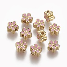 Honeyhandy Brass Enamel Beads, Long-Lasting Plated, Flower, Real 18K Gold Plated, Pearl Pink, 7x3.3mm, Hole: 1.6mm