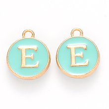 Honeyhandy Golden Plated Alloy Enamel Charms, Cadmium Free & Lead Free, Enamelled Sequins, Flat Round with Letter, Turquoise, Letter.E, 14x12x2mm, Hole: 1.5mm