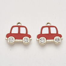 Honeyhandy Alloy Enamel Pendants, with Crystal Rhinestone, Light Gold, Car, Red, 16.5x17.5x3mm, Hole: 1.6mm