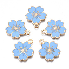 Honeyhandy Alloy Enamel Pendants, Sakura Flower, Light Gold, Light Sky Blue, 20.5x17.5x1.5mm, Hole: 2mm