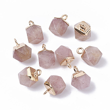 Natural Strawberry Quartz Charms, with Top Golden Plated Iron Loops, Star Cut Round Beads, 12x10x10mm, Hole: 1.8mm