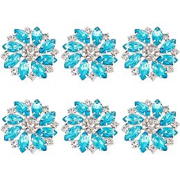 FINGERINSPIRE 6PCS Flower Brass Rhinestone Shank Buttons 26MM Cyan Crystal Sew On Buttons with 1-Hole and Flat Back, Fashion Claw Rhinestone Snowflake Buttons for Cloth DIY Crafts, Wedding Decor