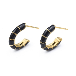 Honeyhandy Enamel C-shape Stud Earrings, Gold Plated 304 Stainless Steel Half Hoop Earrings for Women, with Ear Nuts, Black, 18x16x3.5mm, Pin: 0.8mm