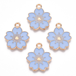 Honeyhandy Alloy Enamel Pendants, Sakura Flower, Light Gold, Light Sky Blue, 20.5x17.5x1.5mm, Hole: 2mm