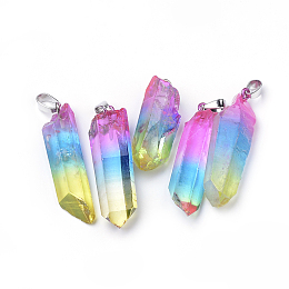 Honeyhandy Natural Crystal Pendants, with Brass Findings, Dyed, Mixed Shapes, Platinum, Mixed Color, 30~65x9~15x7~15mm, Hole: 3x6mm