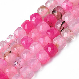 Natural Agate Beads Strands, Faceted, Dyed, Faceted, Cube, Hot Pink, 5x5.5x5.5mm, Hole: 1mm, about 61~62pcs/strand, 12.20 inch~12.40 inch(31~31.5cm)