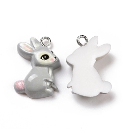 Honeyhandy Opaque Resin Pendants, with Platinum Tone Iron Loops, Animals Charm, Gray, Rabbit Pattern, 22.5x15.5x6mm, Hole: 2mm