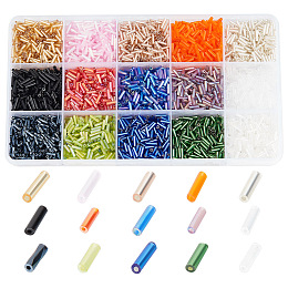 HOBBIESAY 168.75G 15 Style Glass Bugle Beads, Round & Twist Bugle, Transparent & Opaque & Silver Lined & Rainbow Plated, Mixed Color, 6~8x1.8mm, Hole: 0.6mm, 11.25g/style