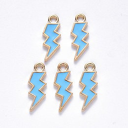 Honeyhandy Alloy Enamel Pendants, Lightning Bolt, Light Gold, Deep Sky Blue, 20x7x1.5mm, Hole: 2mm