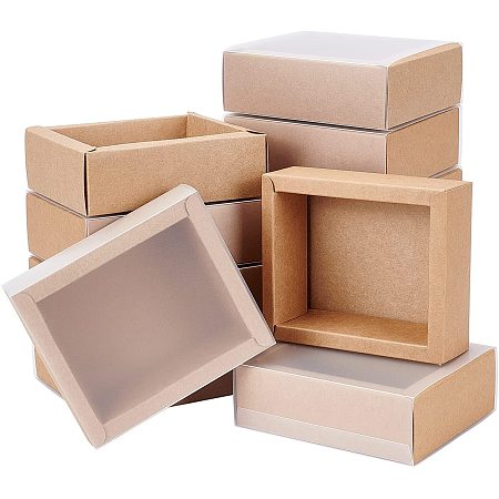 BENECREAT 12 Pack Kraft Paper Gift Boxes with PVC Frosted Cover 4x3.5x1.5 Inch Kraft Paper Drawer Box for Cake Cookie Candy Soap Snacks Weeding Party Favors, BurlyWood