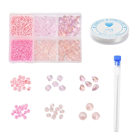 Arricraft DIY Pink Series Jewelry Making Kits, 620Pcs Glass Seed Round & Rondelle Beads, 80Pcs Imitation Austrian Crystal Bicone Beads, 20Pcs Teardrop Glass Charms, Test Tube, Needles, Elastic Crystal Thread, Mixed Color, Beads: 700pcs/set