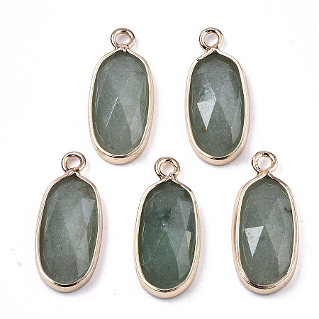 Honeyhandy Natural Green Aventurine Pendants, with Light Gold Plated Brass Edge and Loop, Oval, Faceted, 18x8x4mm, Hole: 1.6mm