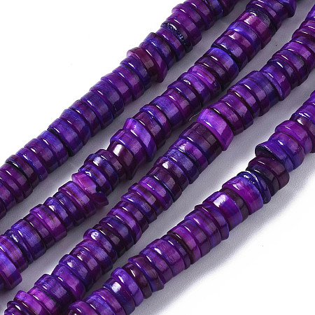 Arricraft Natural Freshwater Shell Beads Strands, Dyed, Flat Round/Disc, Heishi Beads, Indigo, 5~6x1~2mm, Hole: 1mm, about 205~215pcs/strand, 15.35 inch(39cm)