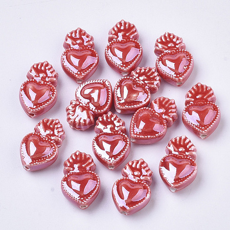 ARRICRAFT Handmade Porcelain Beads, Bright Glazed Porcelain Style, Heart, Dark Red, 16x10.5x6.5mm, Hole: 1.2mm