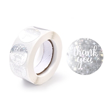 Honeyhandy Thank you Stickers Roll, Self-Adhesive Paper Gift Tag Stickers, for Party, Decorative Presents, Flat Round , Silver, 25x0.1mm, about 500pcs/roll