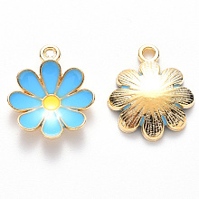 Honeyhandy Alloy Enamel Pendants, Flower, Light Gold, Light Sky Blue, 19x16x3.5mm, Hole: 1.8mm