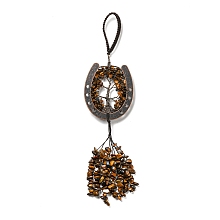 Honeyhandy Natural Tiger Eye Chip Tree of Life Pendants Decoration, Brass Horse Shose Tassel Gems Hanging Ornaments, 220mm, Pendant: 170x59x7mm