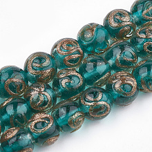 Honeyhandy Handmade Gold Sand Lampwork Beads, Round, Dark Cyan, 10~11x9~9.5mm, Hole: 1.5~2mm