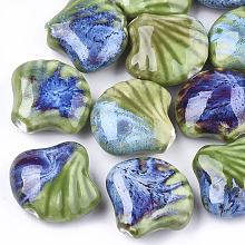 Honeyhandy Handmade Porcelain Beads, Fancy Antique Glazed Porcelain, Shell, Green, 28~29x32~33x12.5~14mm, Hole: 3~3.5mm