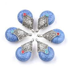 Honeyhandy Tibetan Style Resin Pendants, with Alloy & Enamel, teardrop, Antique Silver, Cornflower Blue, 28x16x14mm, Hole: 2~3.5mm