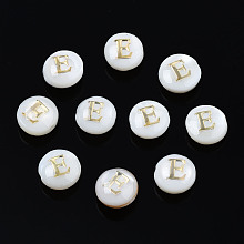 Honeyhandy Natural Freshwater Shell Beads, with Golden Plated Brass Etched Metal Embellishments, Flat Round with Letter, Seashell Color, Letter.E, 6x4mm, Hole: 0.8mm