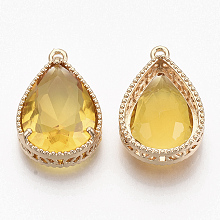 Honeyhandy Faceted Glass Pendants, with Golden Tone Brass Open Back Settings, Teardrop, Goldenrod, 23x15.5x6.5mm, Hole: 1.5mm