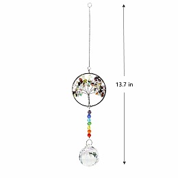 Honeyhandy Big Pendant Decorations, Hanging Sun Catchers, Chakra Theme K9 Crystal Glass, Flat Round with Tree of Life, Colorful, 34.8cm